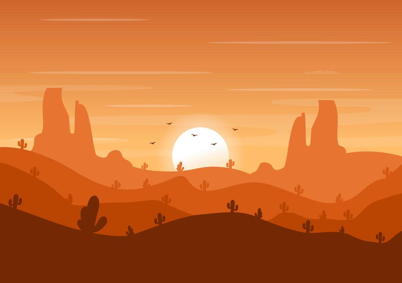 paisaje al atardecer de montañas, colinas, desierto, arenas, lagos y valles en la naturaleza salvaje plana para ilustración de póster, pancarta o fondo vector