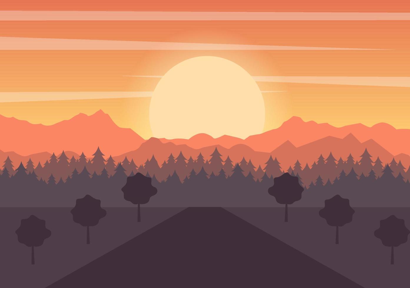 paisaje al atardecer de montañas, colinas, desierto, arenas, lagos y valles en la naturaleza salvaje plana para ilustración de póster, pancarta o fondo vector