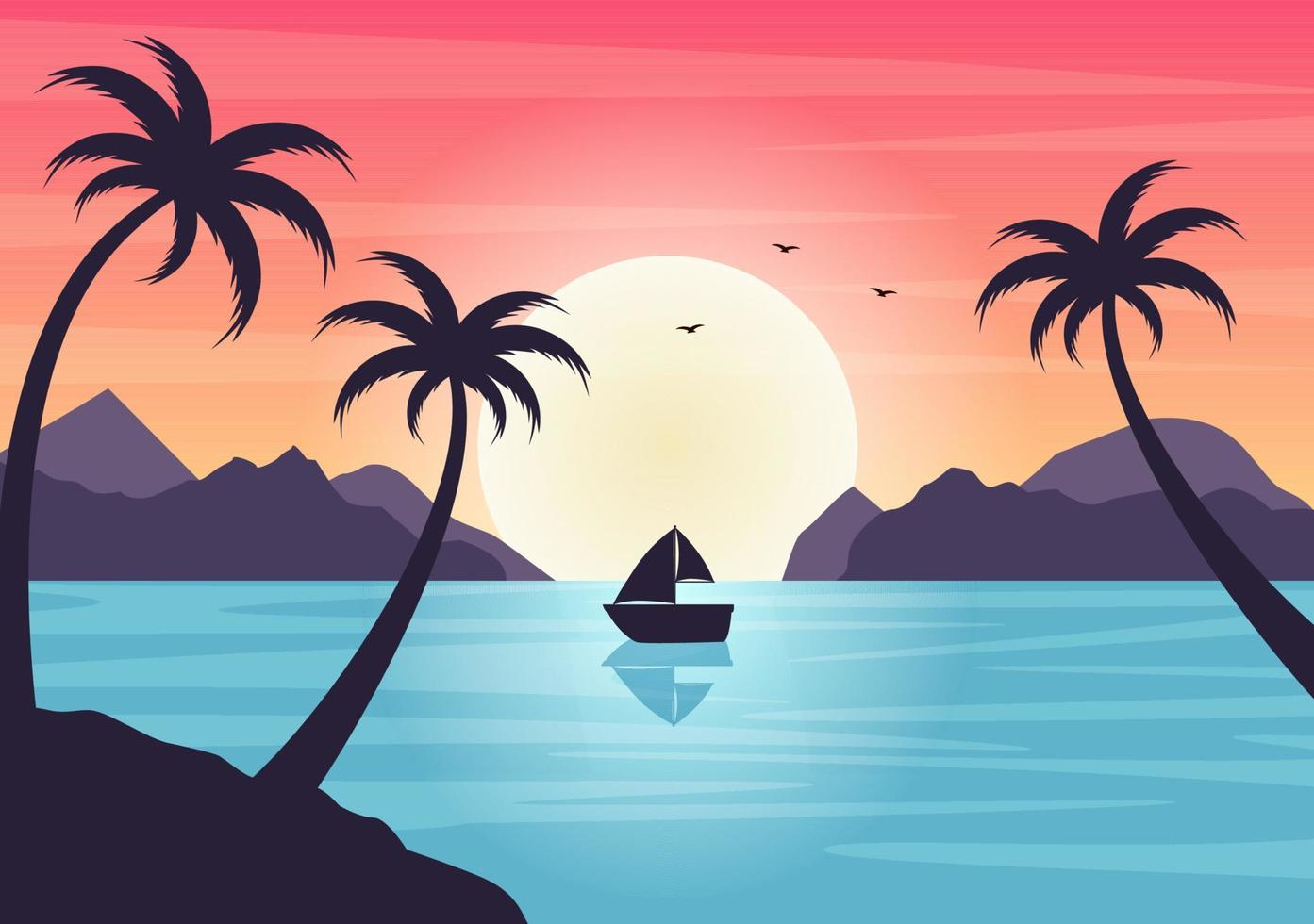 Mar atardecer paisaje de sol sobre el océano con nubes, superficie del agua, palmera y playa en ilustración de fondo plano para póster, pancarta o fondo vector