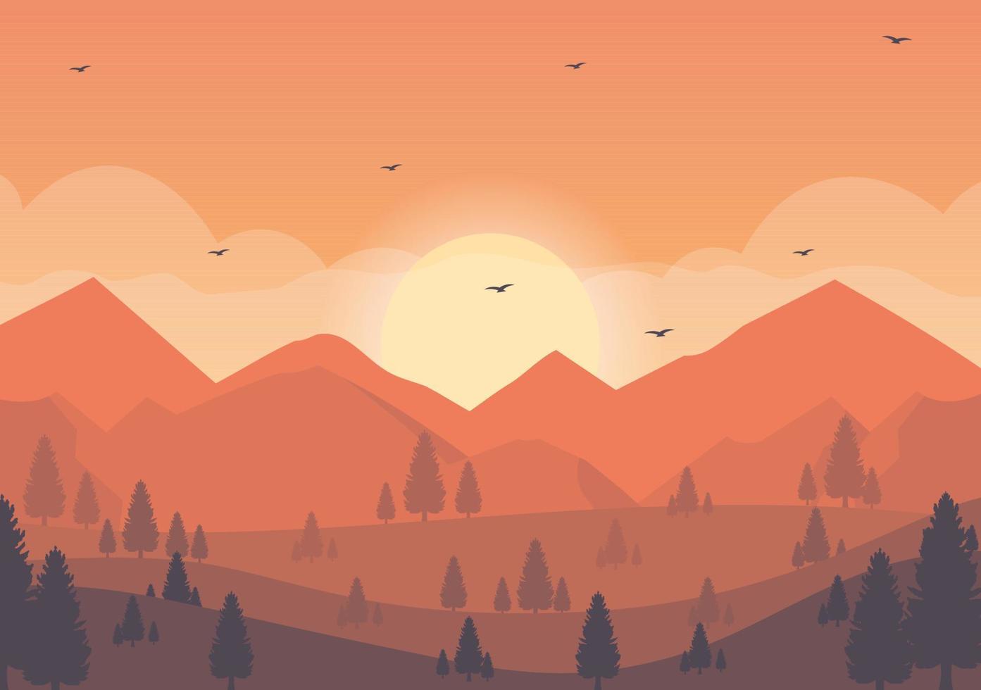 Sunset Landscape of Mountains, Hill, Wilderness, Sands, Lake and Valley in Flat Wild Nature for Poster, Banner or Background Illustration vector