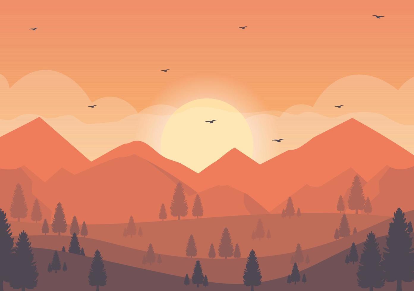 paisaje al atardecer de montañas, colinas, desierto, arenas, lagos y valles en la naturaleza salvaje plana para ilustración de póster, pancarta o fondo vector