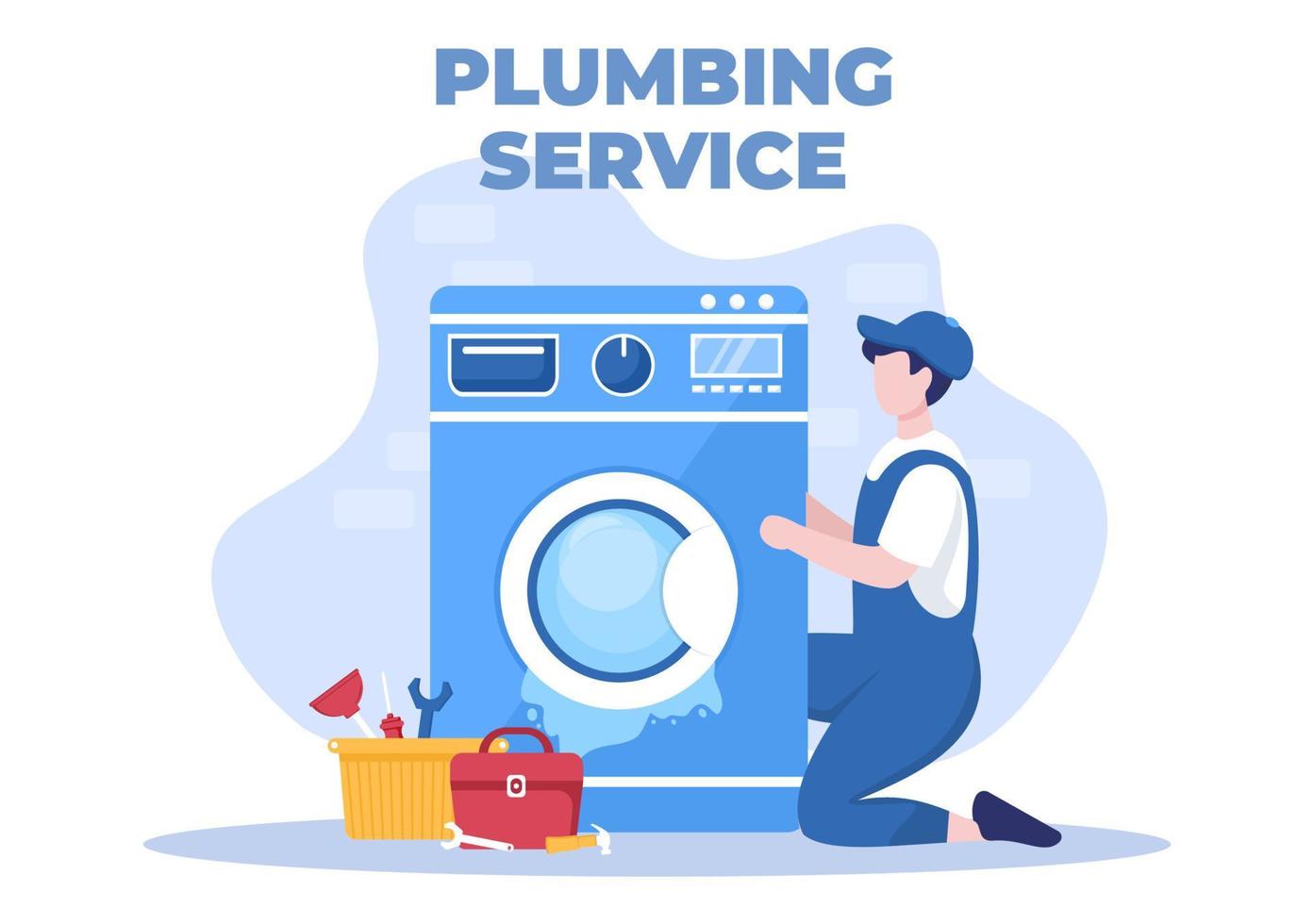 Plumbing Service with Plumber Workers Repair, Maintenance Fix Home and Cleaning Bathroom Equipment in Flat Background Illustration vector