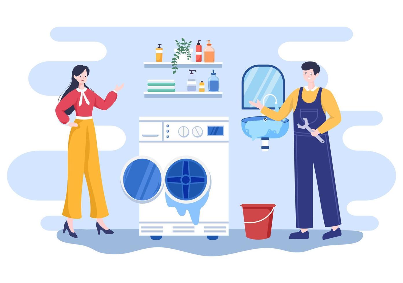 Plumbing Service with Plumber Workers Repair, Maintenance Fix Home and Cleaning Bathroom Equipment in Flat Background Illustration vector