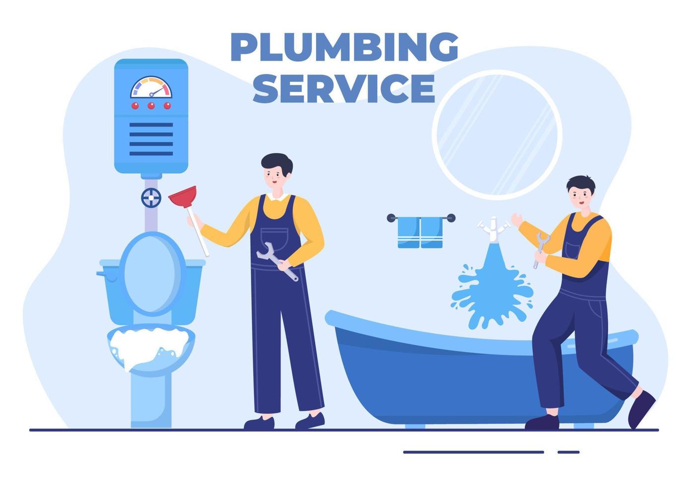 Servicio de plomería con reparación de trabajadores de plomería, reparación de mantenimiento en el hogar y limpieza de equipos de baño en la ilustración de fondo plano vector