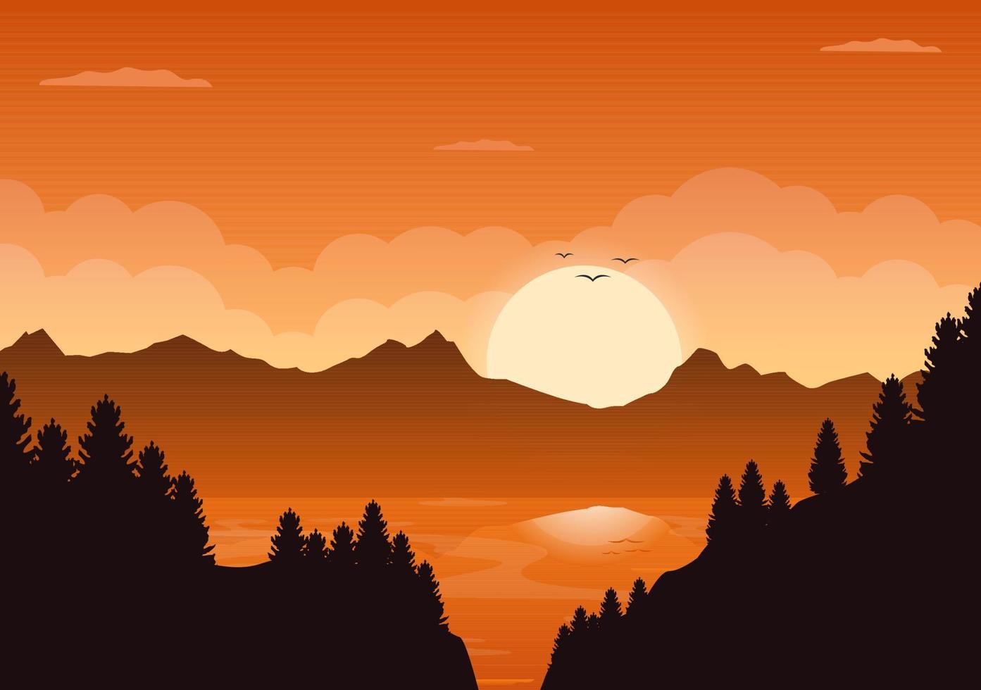 puesta de sol paisaje de montañas, desierto, arenas, lagos y valles en la naturaleza salvaje plana para cartel, pancarta o ilustración de fondo vector