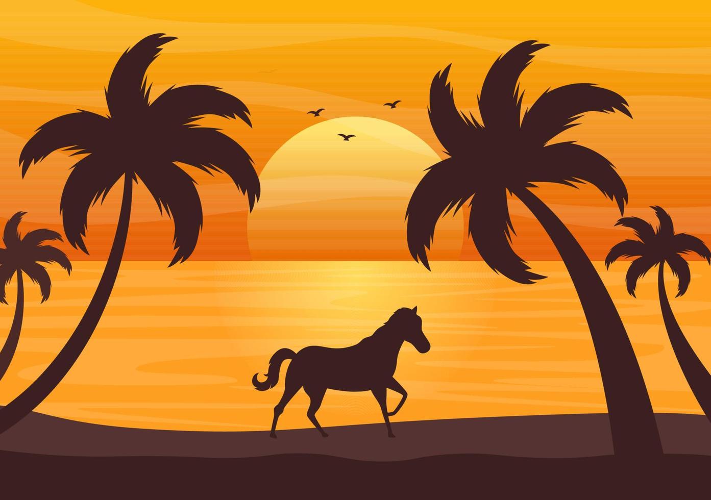Sea Sunset Landscape of Sun Above Ocean with Clouds, Water Surface, Palm Tree and Beach in Flat Background Illustration for Poster, Banner or Background vector