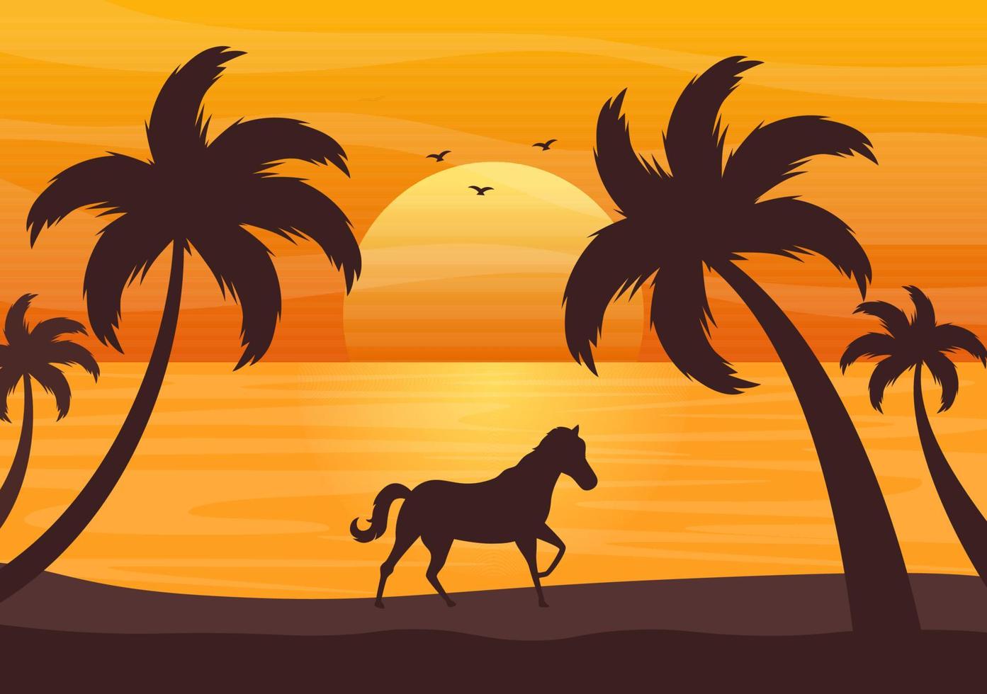 Mar atardecer paisaje de sol sobre el océano con nubes, superficie del agua, palmera y playa en ilustración de fondo plano para póster, pancarta o fondo vector