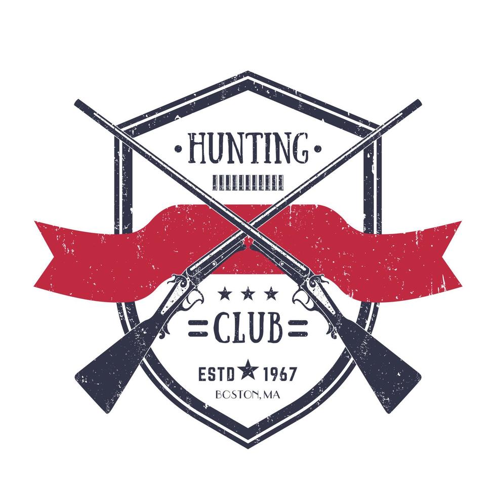 Hunting club vintage logo with two crossed old rifles, vector retro emblem on white