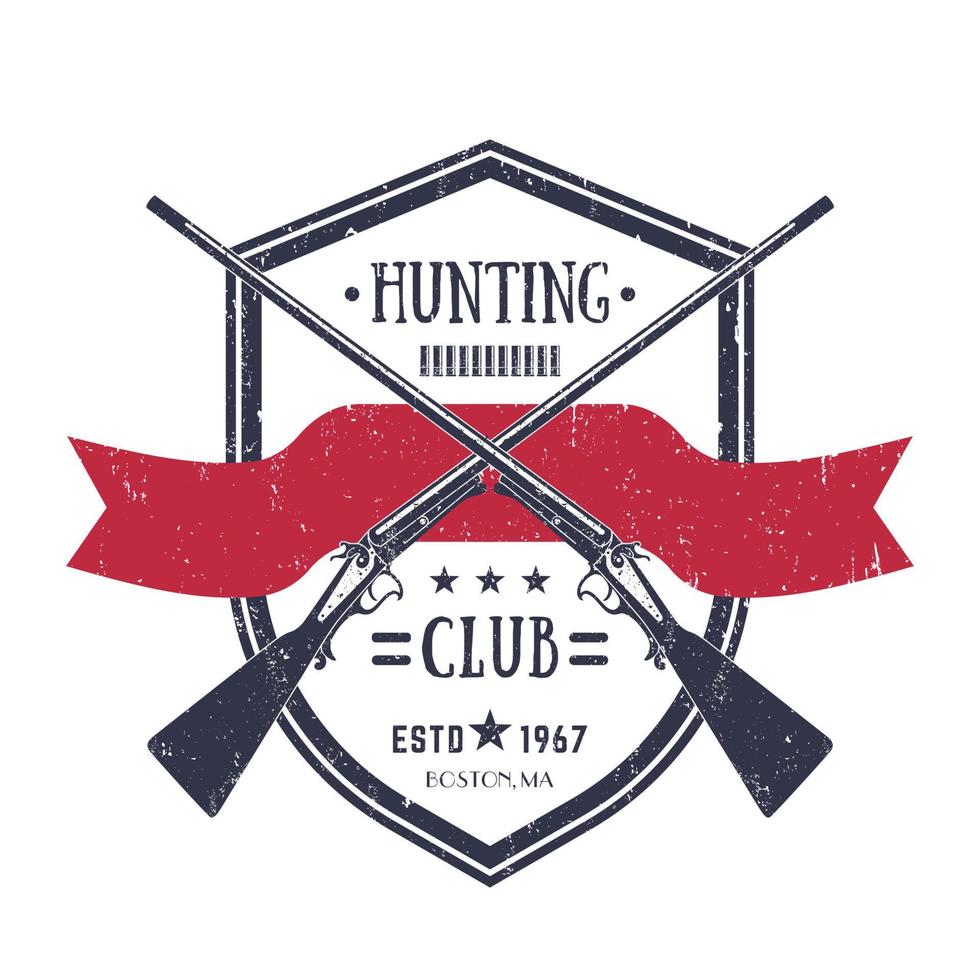 Logotipo vintage del club de caza con dos rifles viejos cruzados, vector emblema retro en blanco