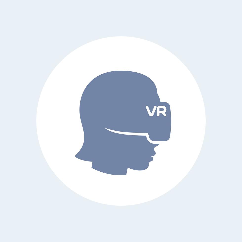 virtual reality icon, girl in VR headset vector pictogram on white