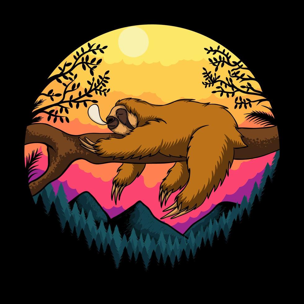 Sloth sleep sunset retro vector illustration