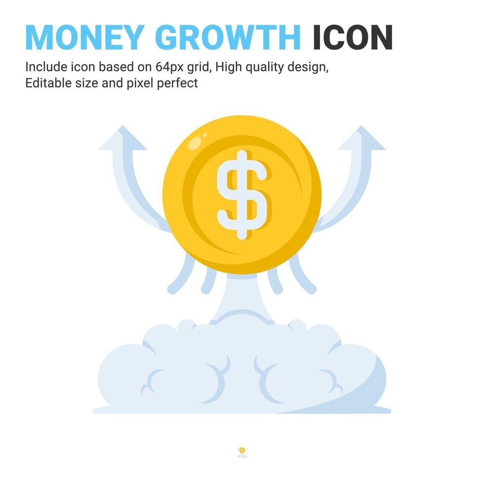 Money growth icon vector with flat color style isolated on white background. Vector illustration growing sign symbol icon concept for business, finance, industry, company, web, apps and project