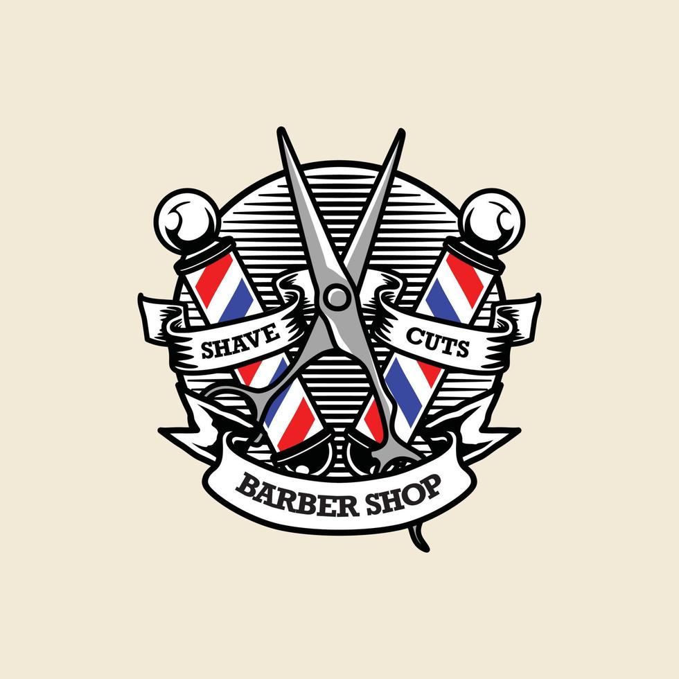 Vintage Barber Shop Logo Badge. Hand drawn Vector illustration