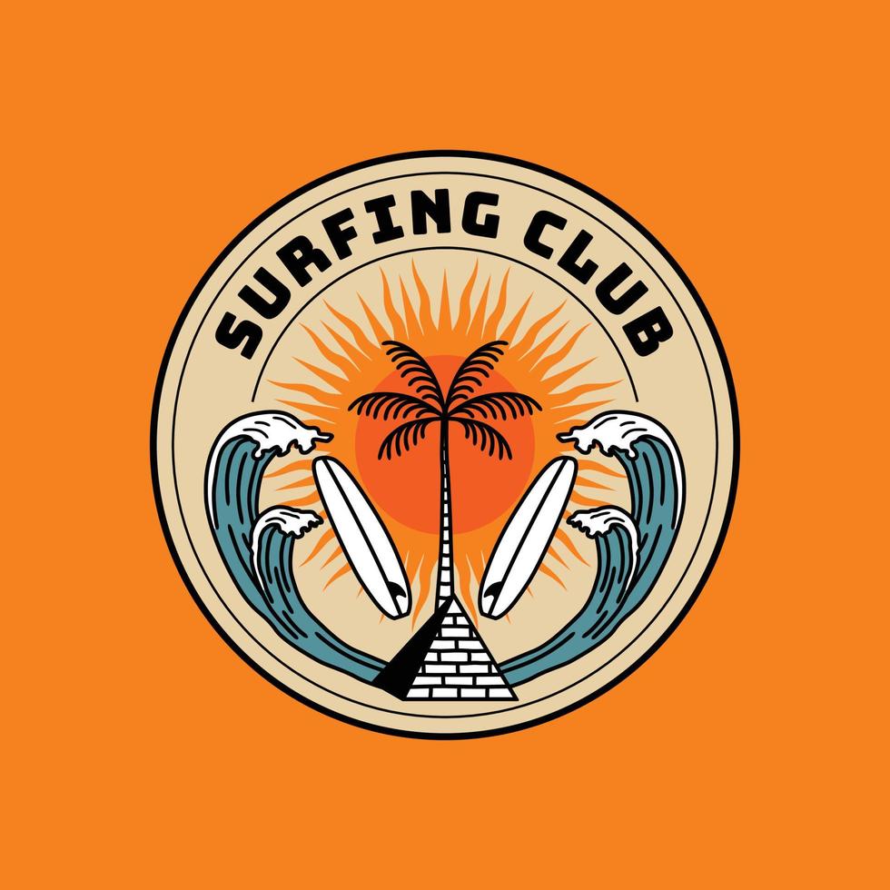 Vintage Surfing Club Logo Badge. Hand made Vector Illustration