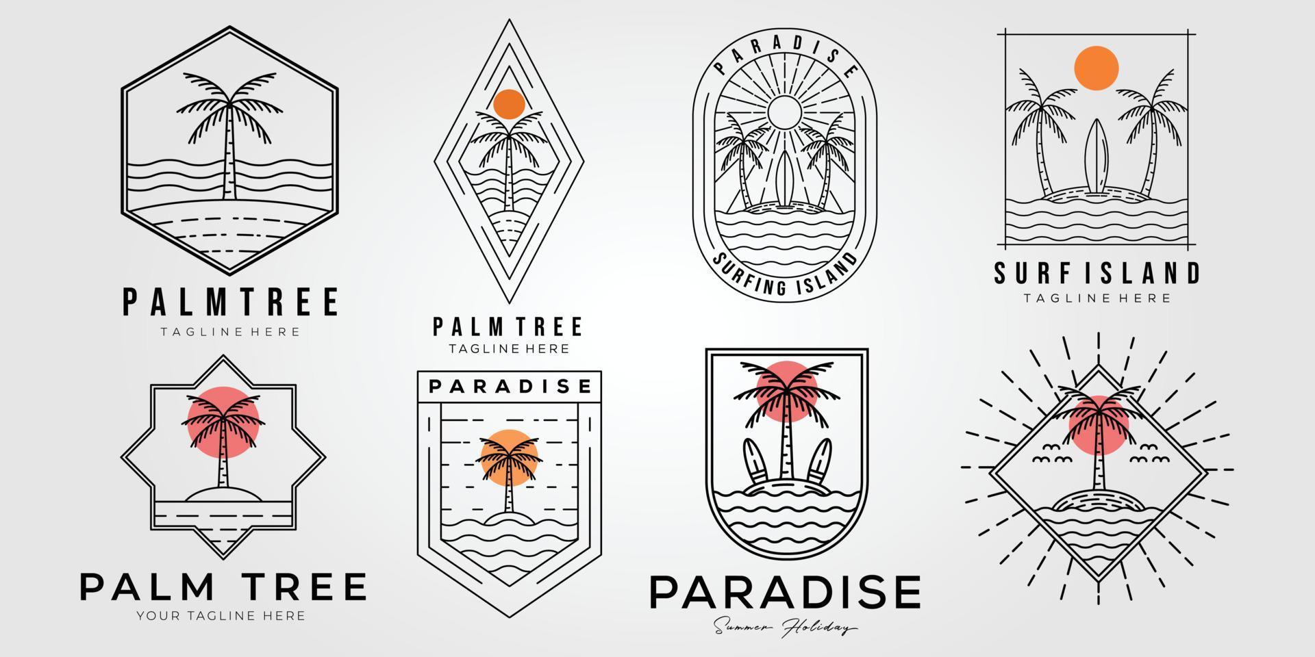 Conjunto de diseño de ilustración de vector de logo de palmera y paraíso. paquete de símbolo de arte de línea de playa tropical