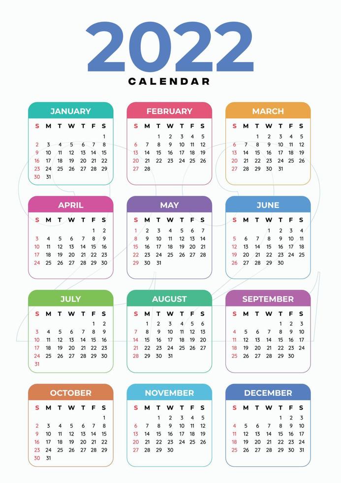 2022 calendar. 12 months templates. week start with sunday. vector illustration