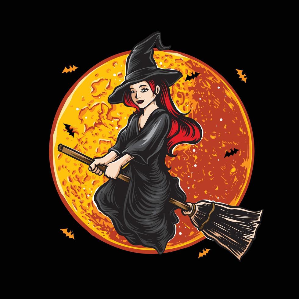 flying witch with moon halloween vector