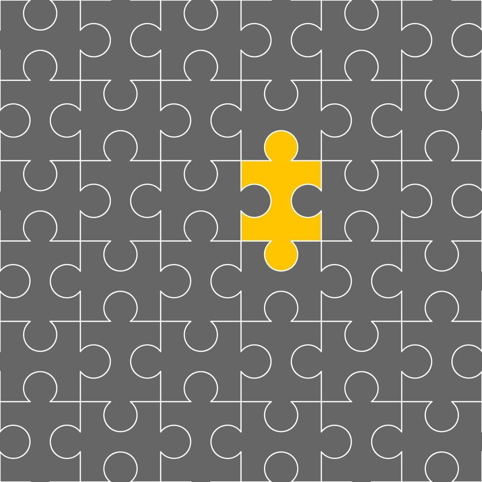A set of puzzles jigsaw that all are connected. Every single piece is grey but there is a yellow one. vector