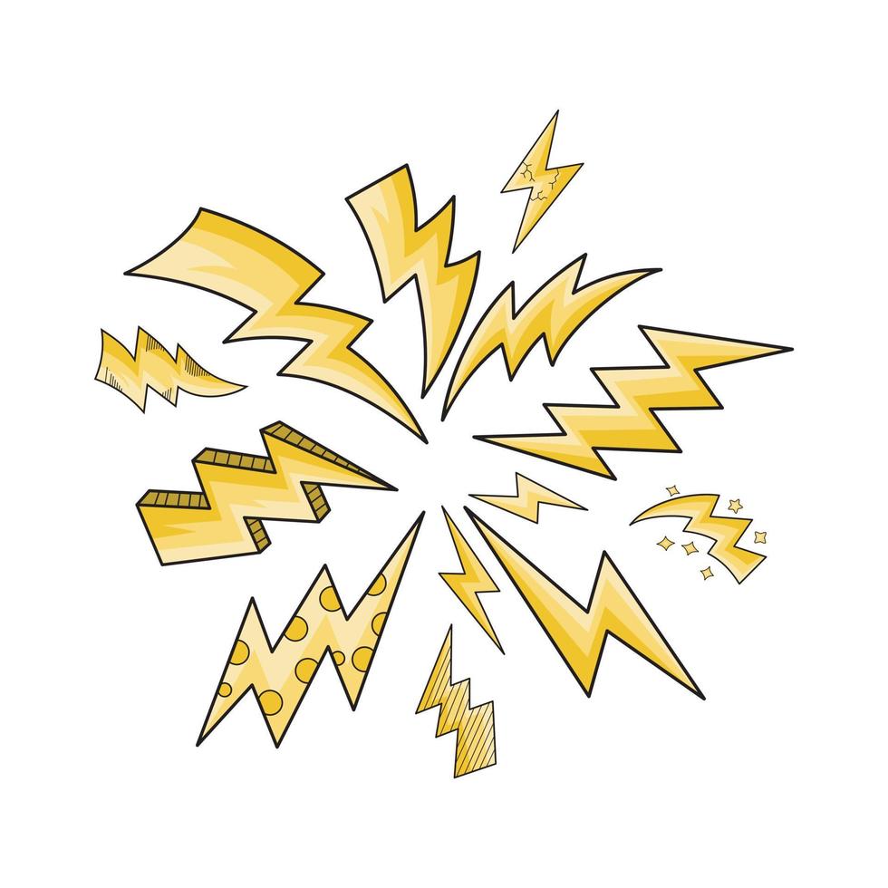 conjunto de ilustraciones de bosquejo de símbolo de rayo eléctrico de doodle. trueno, ilustración vectorial vector