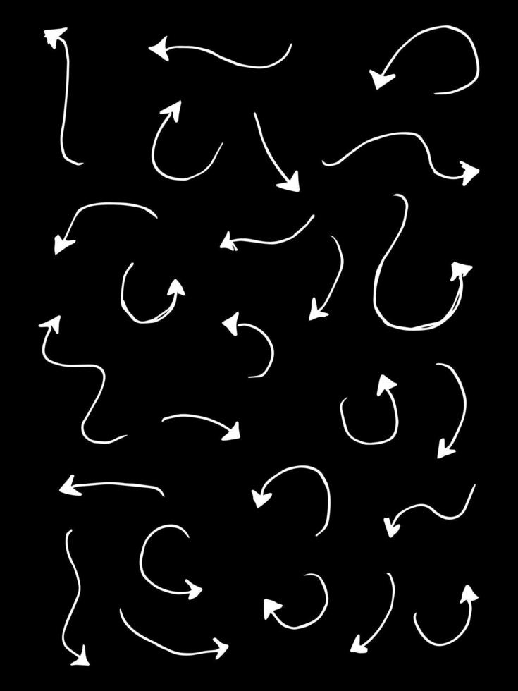 hand drawn arrow icon set isolated on black background. Doodle vector illustration.