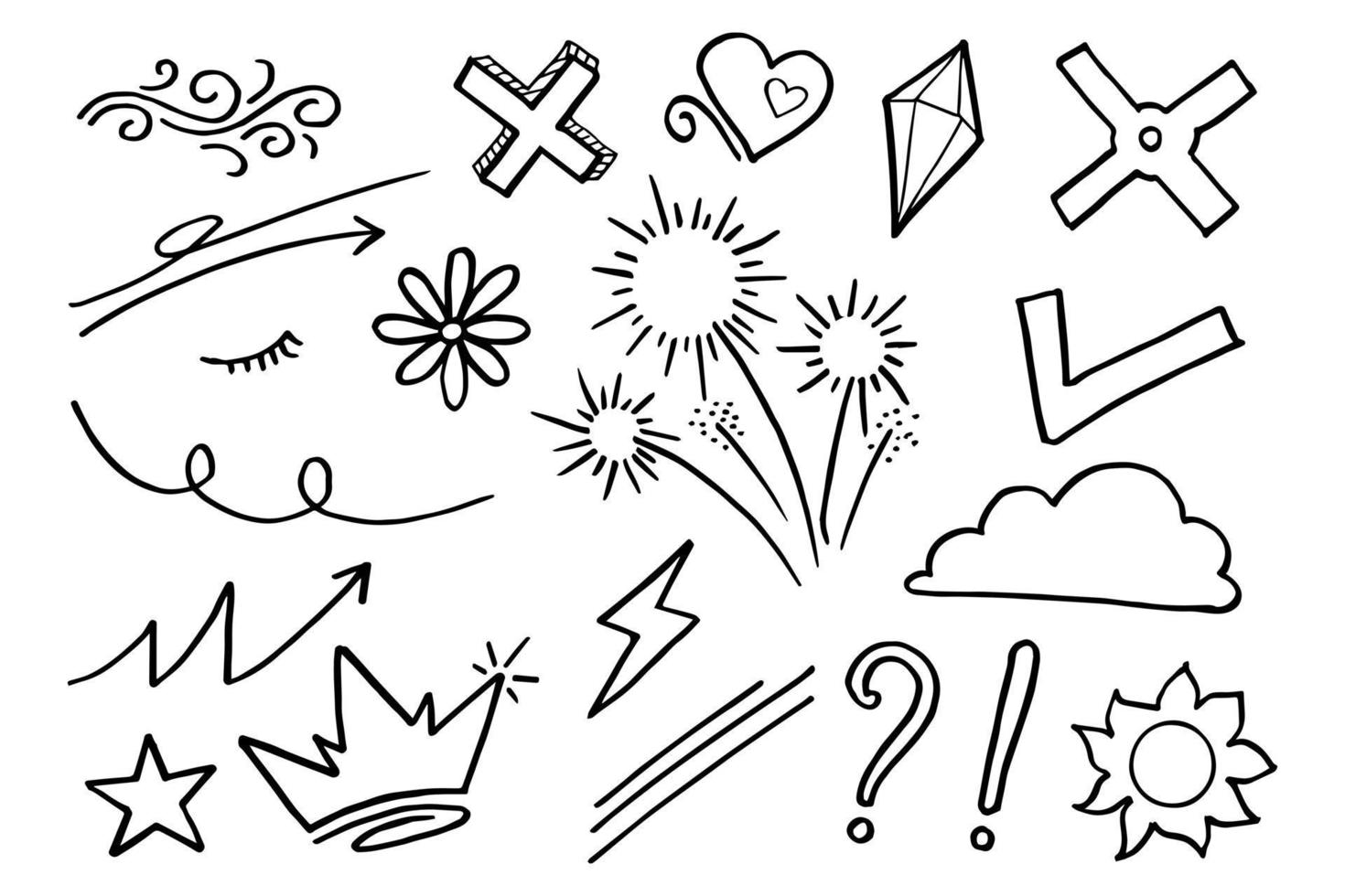 Doodle vector set illustration with hand draw line art style vector. Crown, king, sun, arrow, heart, love, star, swirl, swoops, emphasis, for concept design