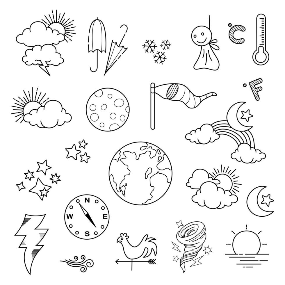 weather doodle vector set illustration with hand draw line art style vector, star, sun