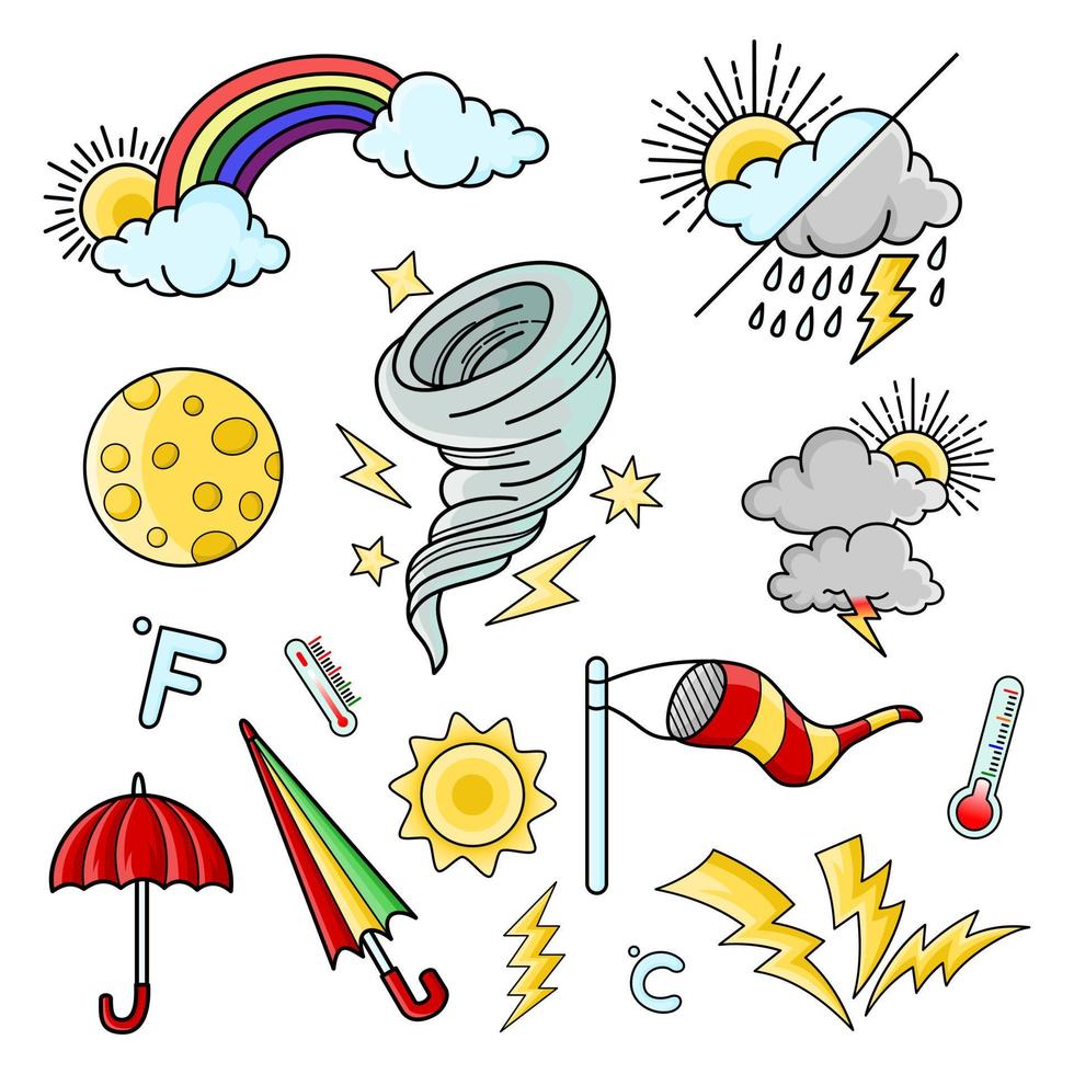 weather doodle vector set illustration with hand draw line art style vector, star, sun