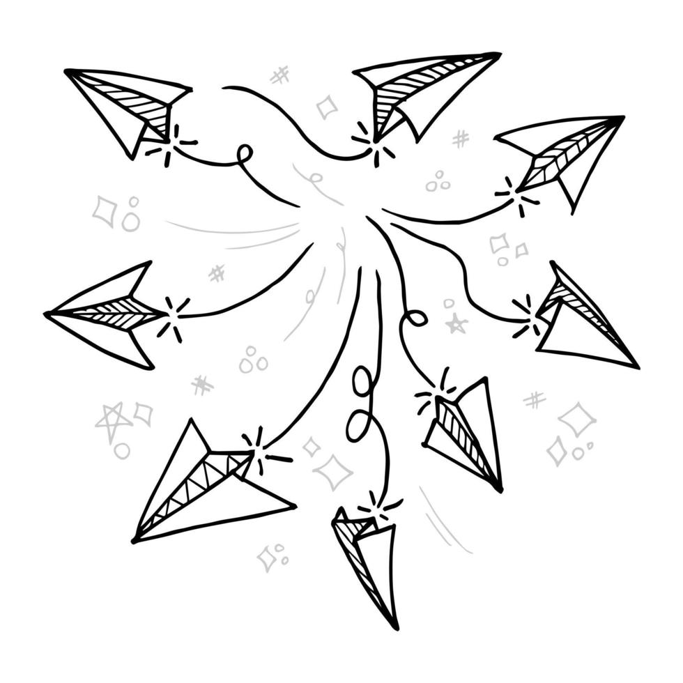 Set of doodle paper plane icon. Hand draw paper airplane. Vector Illustration.