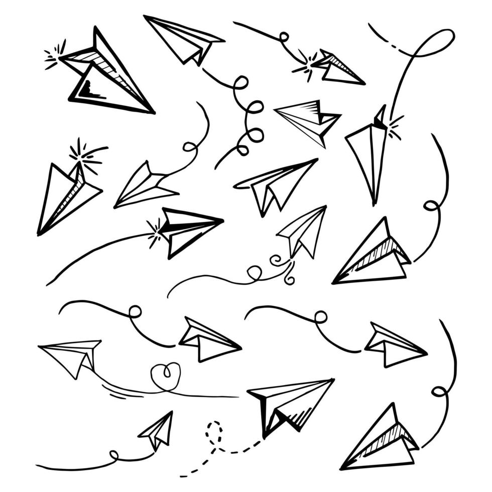 Set of doodle paper plane icon. Hand draw paper airplane. Vector Illustration.