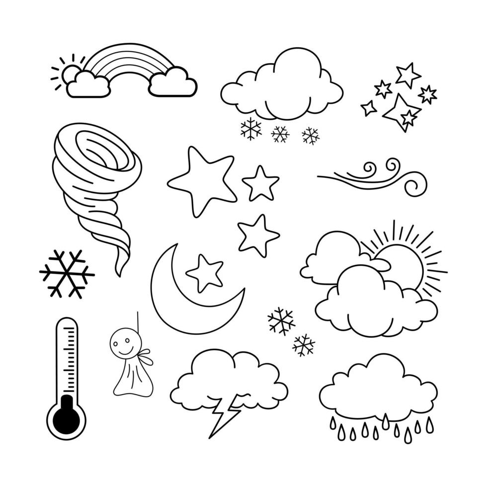 weather doodle vector set illustration with hand draw line art style vector, star, sun