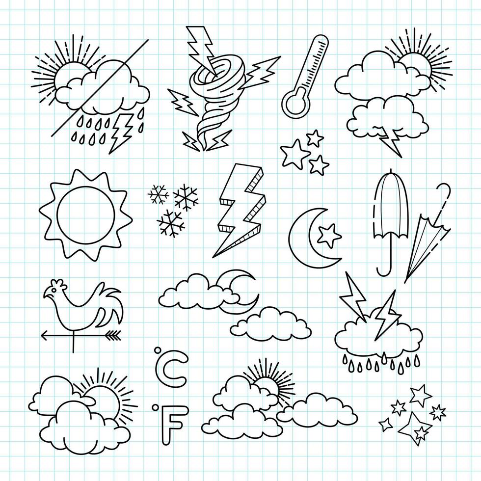 weather doodle vector set illustration with hand draw line art style vector, star, sun