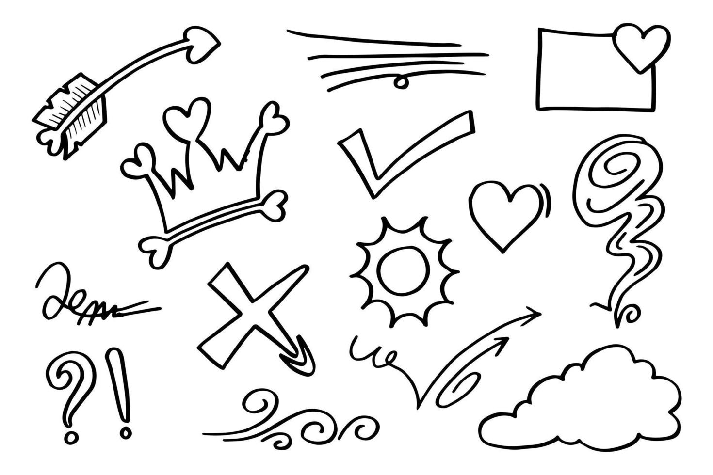 Doodle vector set illustration with hand draw line art style vector. Crown, king, sun, arrow, heart, love, star, swirl, swoops, emphasis, for concept design