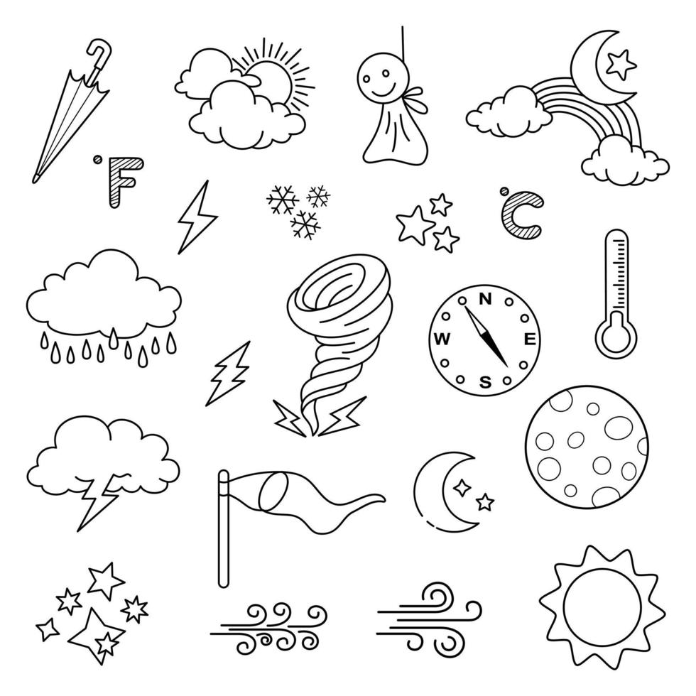 tiempo, doodle, vector, conjunto, ilustración, con, mano, dibujar, línea, arte, estilo, vector, estrella, sol vector