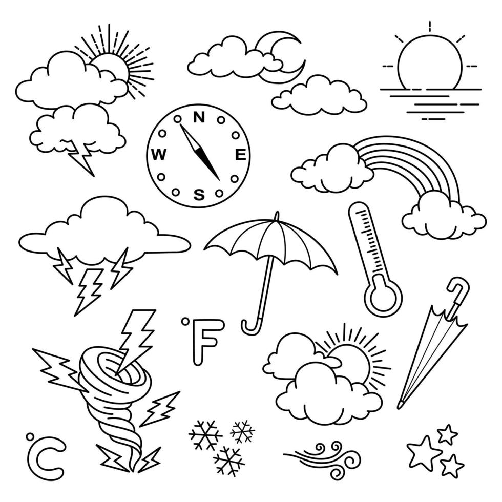 tiempo, doodle, vector, conjunto, ilustración, con, mano, dibujar, línea, arte, estilo, vector, estrella, sol vector