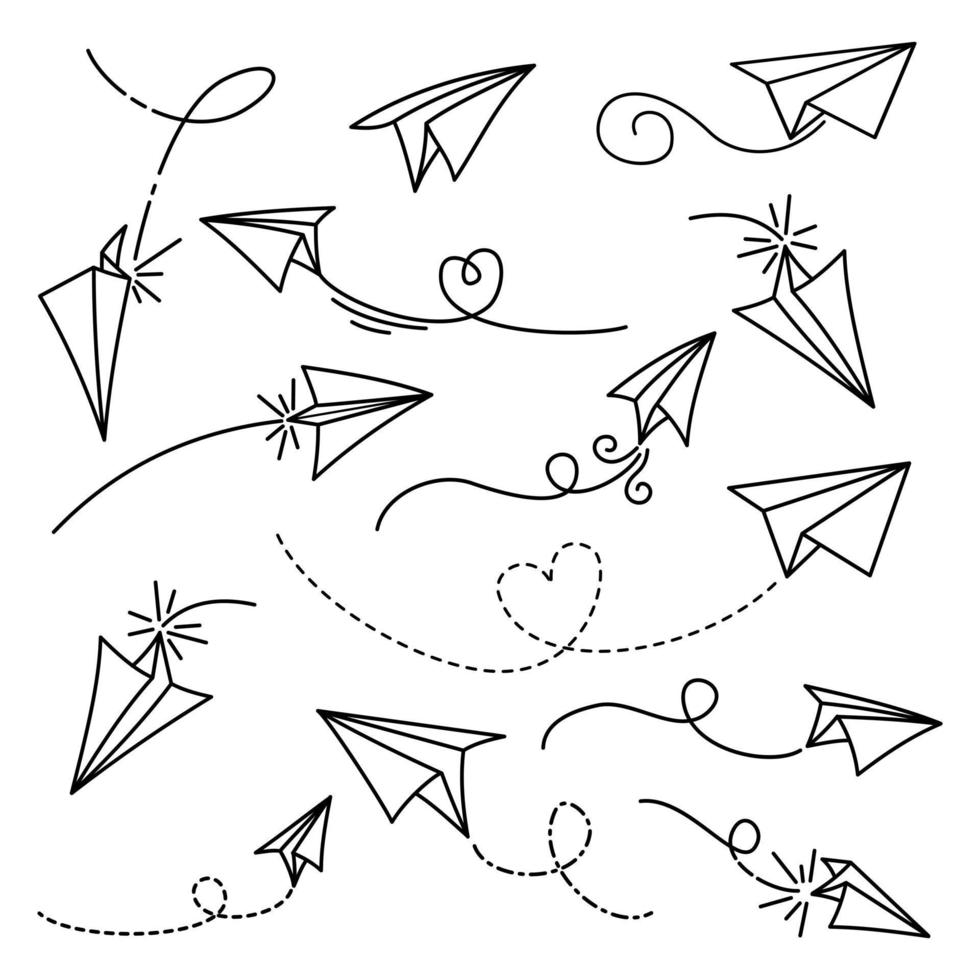 Set of doodle paper plane icon. Hand draw paper airplane. Vector Illustration.