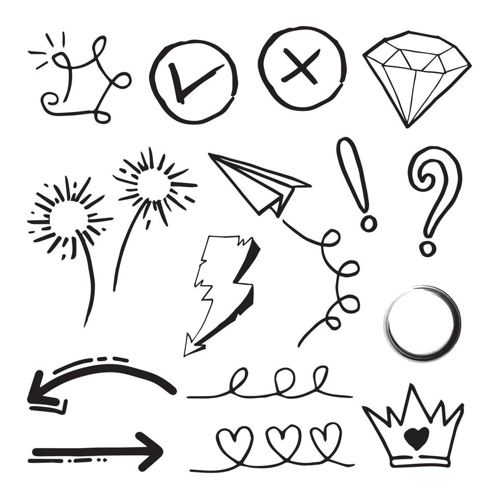 Doodle conjunto de vectores ilustración con vector de estilo de arte de línea de dibujo a mano. corona, rey, sol, flecha, corazón, amor, estrella, remolino, swoops, énfasis, para el diseño conceptual