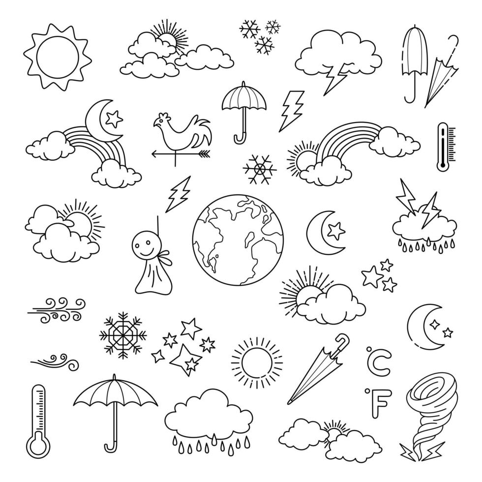 weather doodle vector set illustration with hand draw line art style vector, star, sun