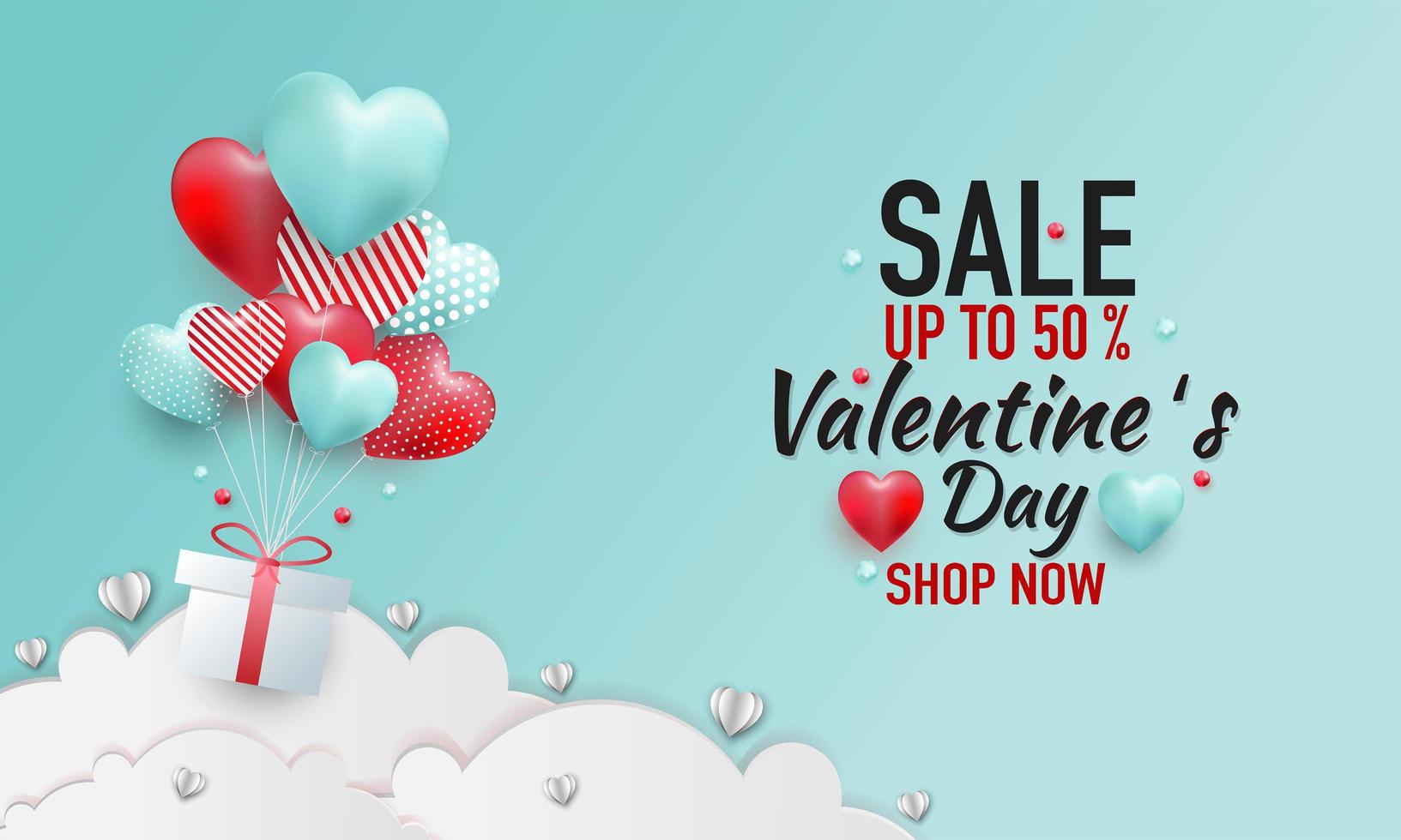 illustration of love and valentine day with heart baloon, gift and clouds. Paper cut style. Vector illustration