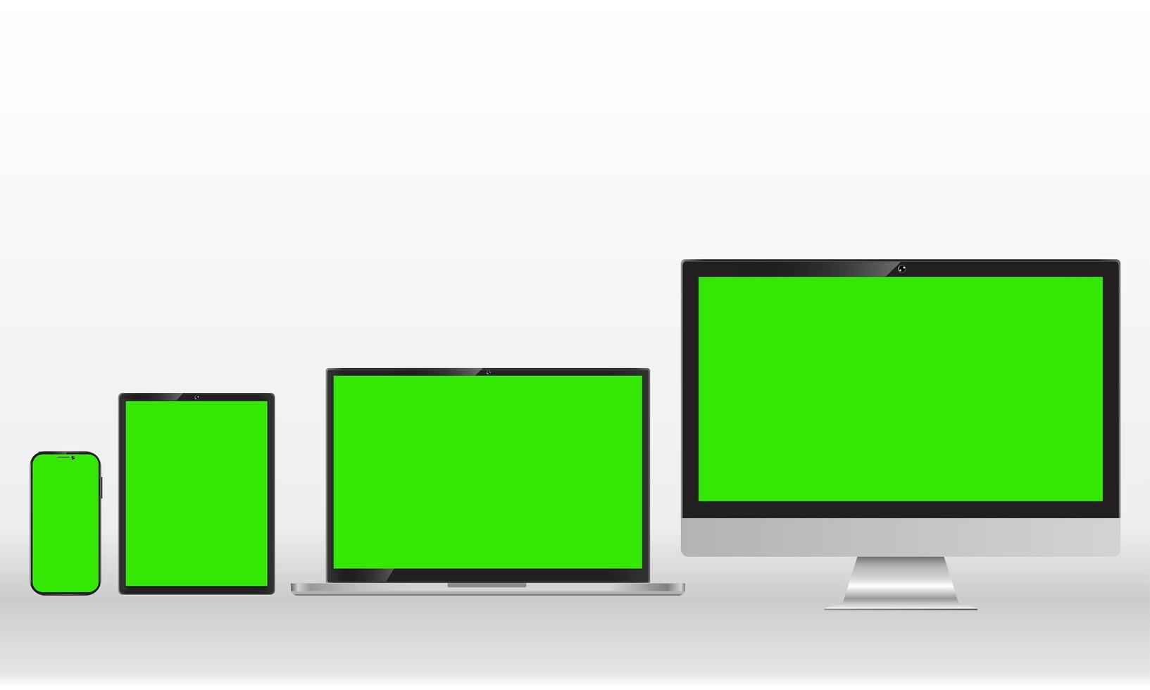 conjunto de monitores de computadora realistas, computadoras portátiles, tabletas y teléfonos móviles. Aparatos electrónicos sobre fondo blanco.Pantalla verde. concepto de dispositivo móvil de vector. vector