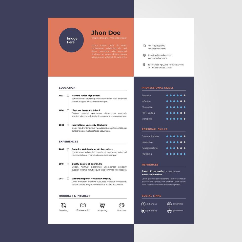 Dark blue modern cv resume design template, suitable for content individual business jobs vector