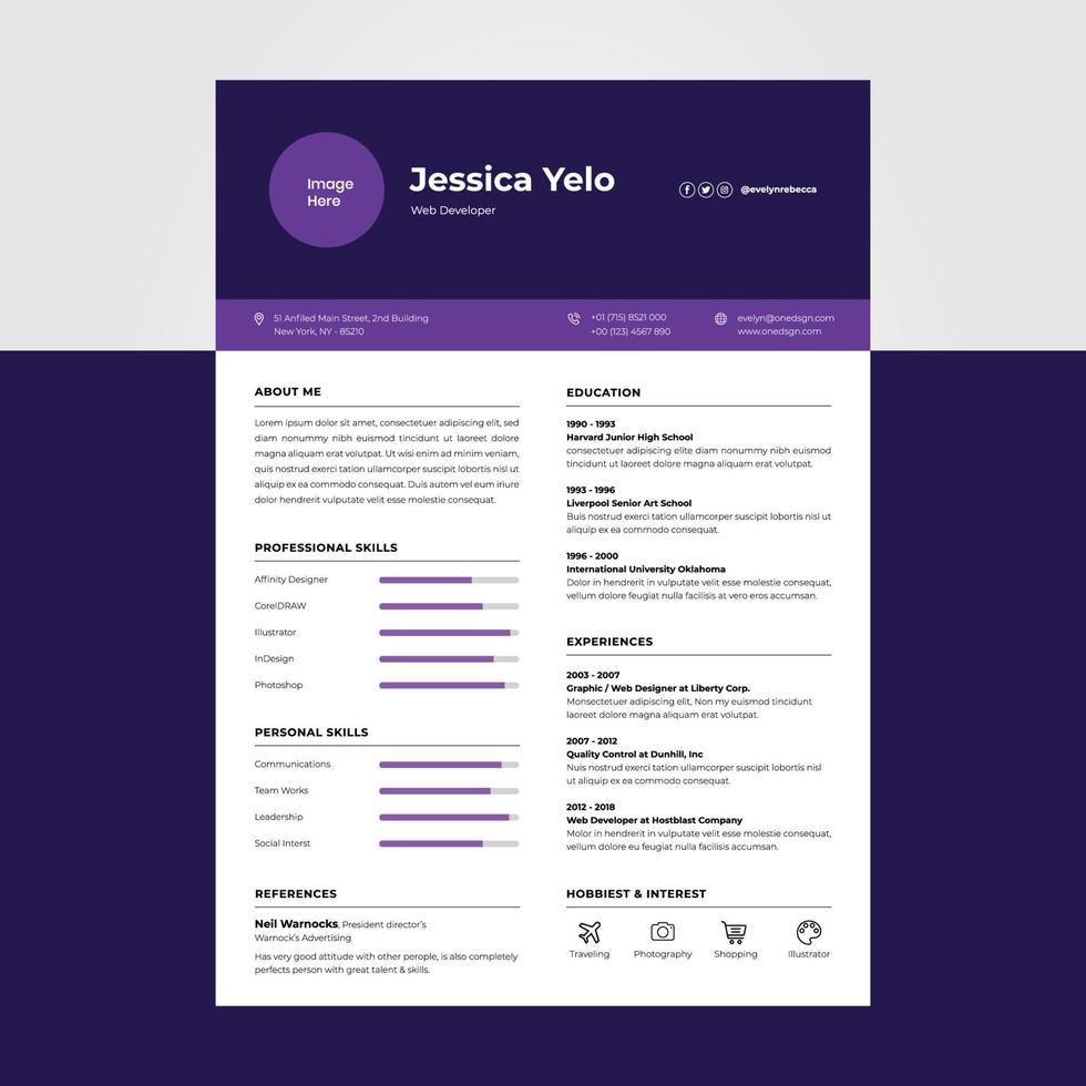 Plantilla de diseño de currículum vitae moderno de color púrpura, adecuada para trabajos de negocios individuales de contenido vector