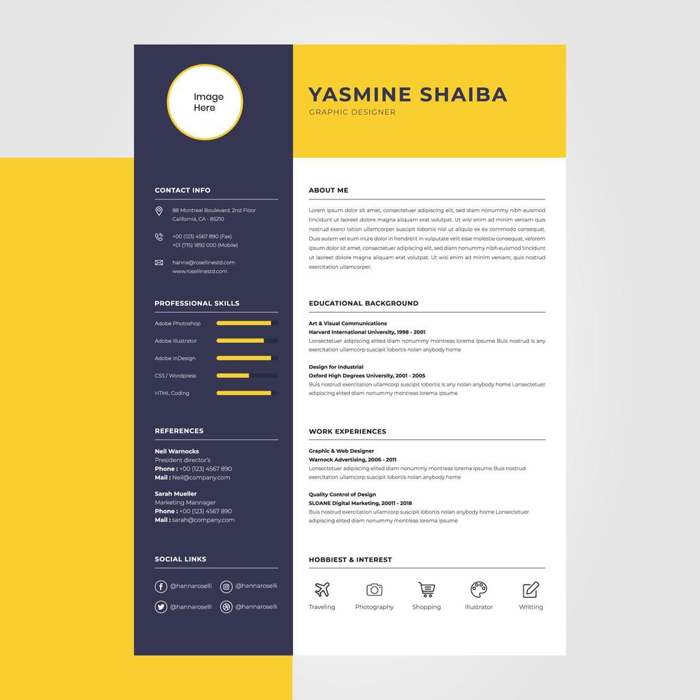 Yellow minimalist cv resume design template, suitable for content individual business jobs vector