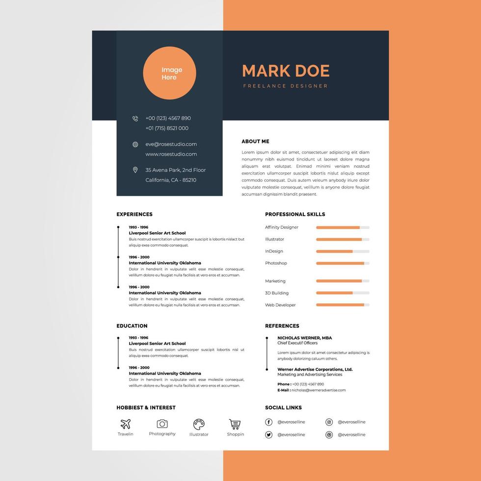 plantilla de diseño de currículum vitae creativo azul marino, adecuada para trabajos de negocios individuales de contenido vector