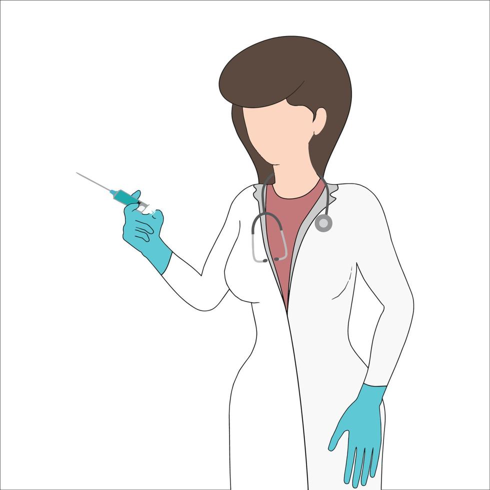 médico con estetoscopio e inyección ilustración vectorial dibujada a mano. vector