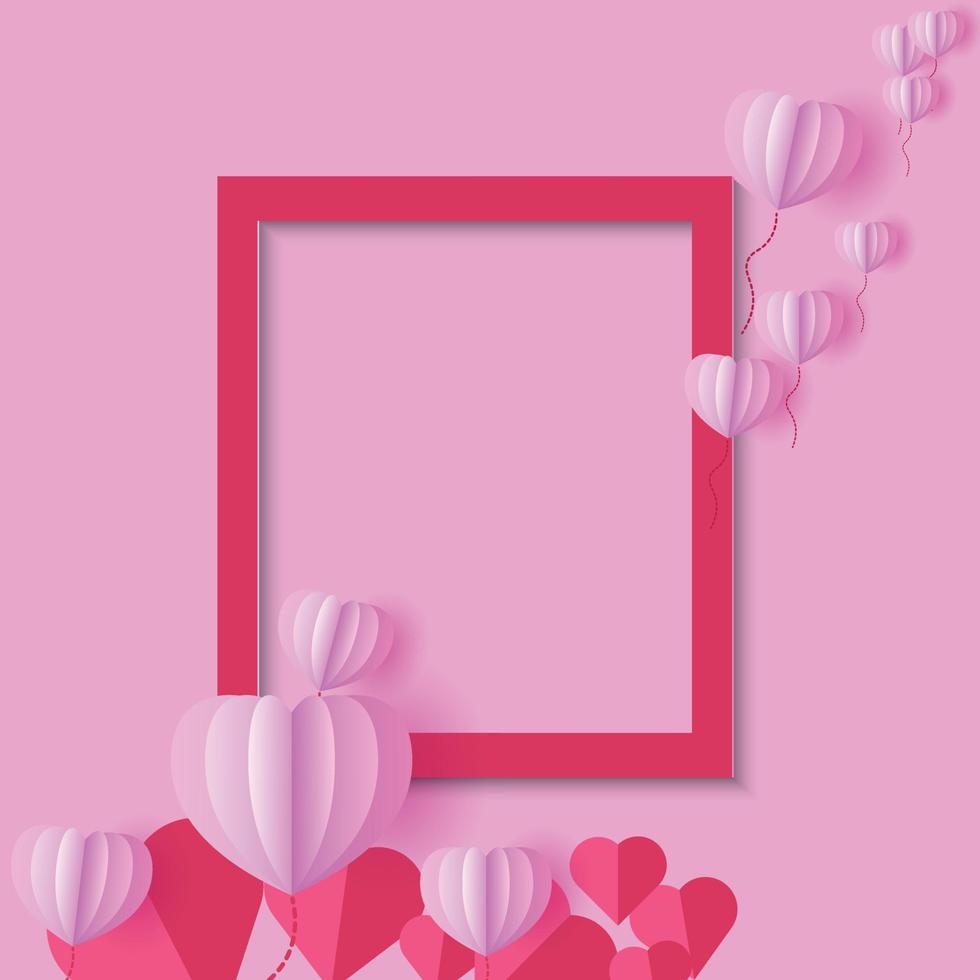 Red Frame and Pink Hot Air Balloon Hearts Paper Cut Style Design Background vector