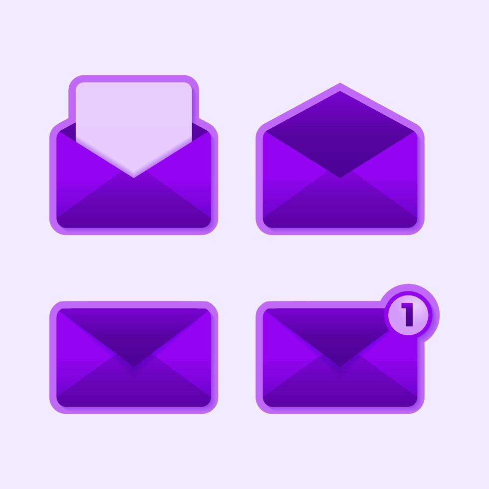 Mail icon set, email envelope symbol vector illustration with purple color and 3d style