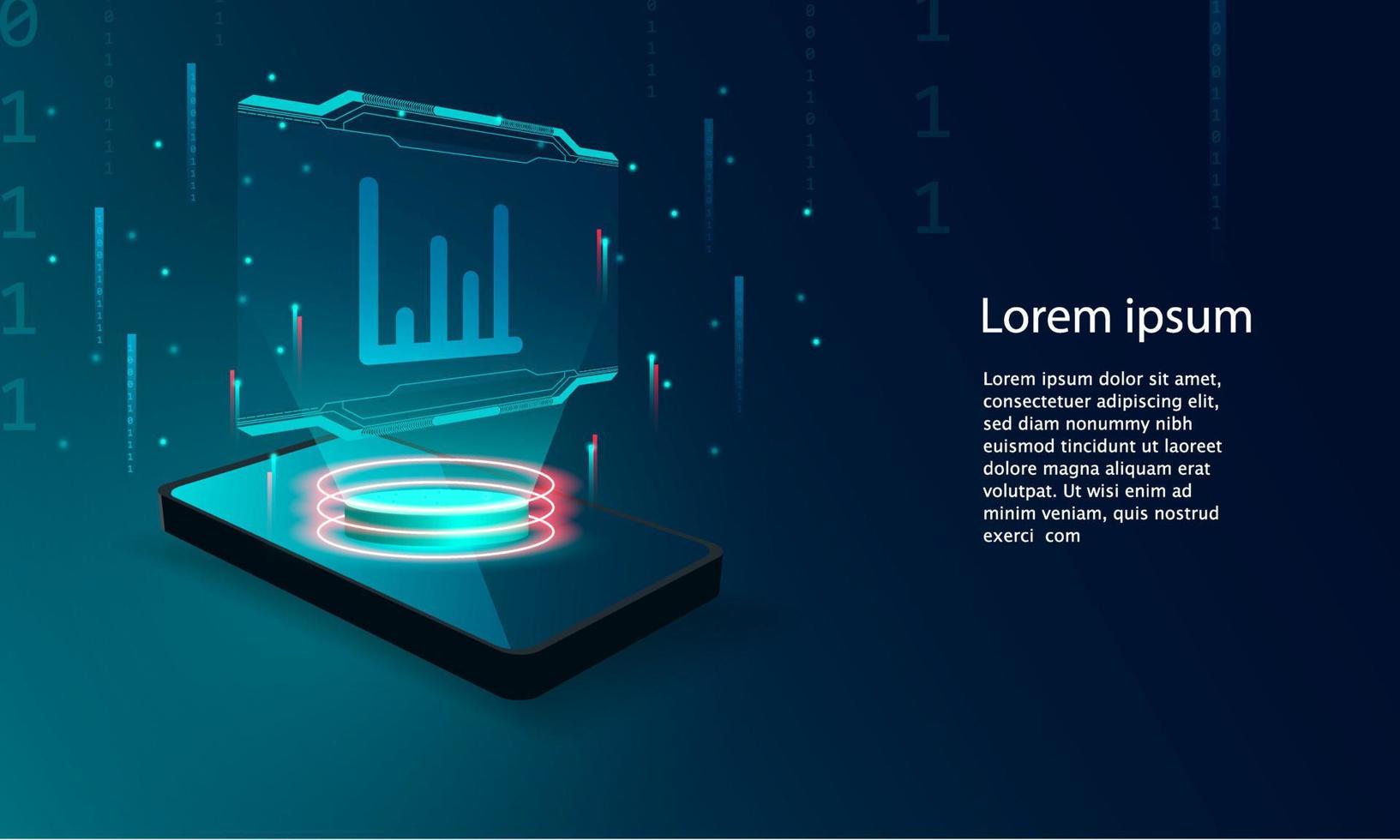 Application of Smartphone with business graph and analytics data on isometric mobile phone. vector