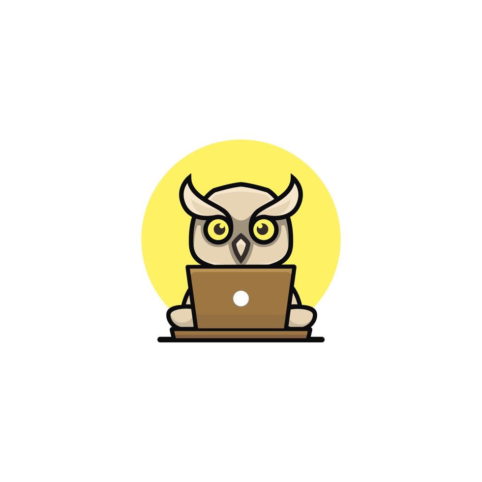 cute owl working laptop logo vector