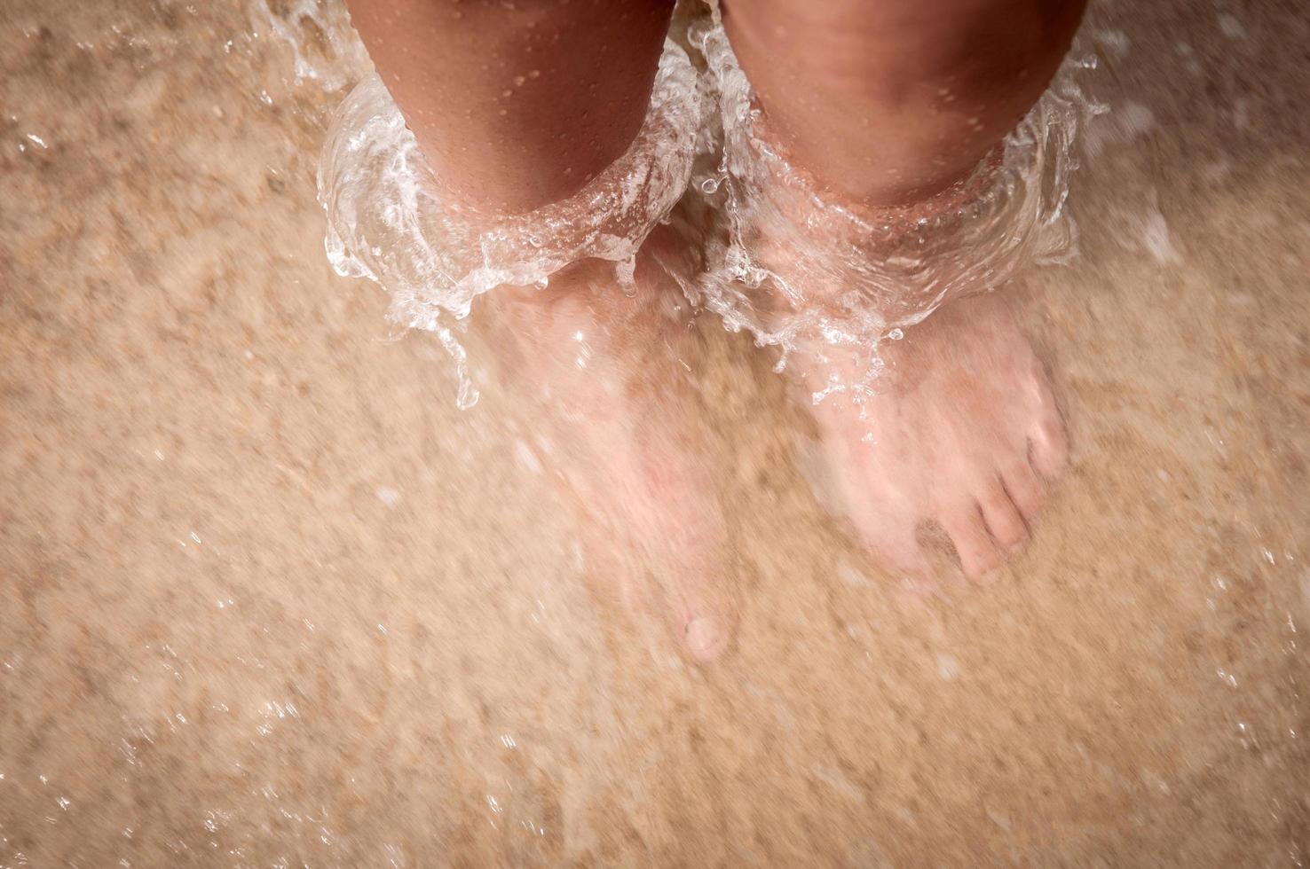 a wave comes in, as I stand and wait. copy space. top down view. photo