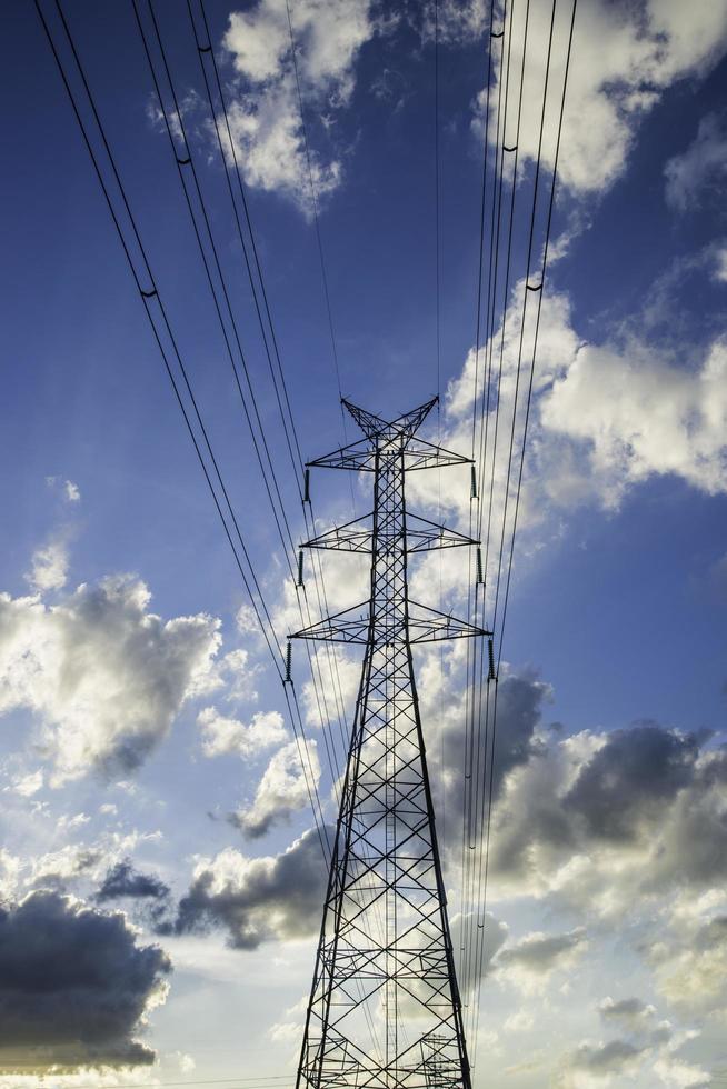 Sky high voltage pylon clouds. photo